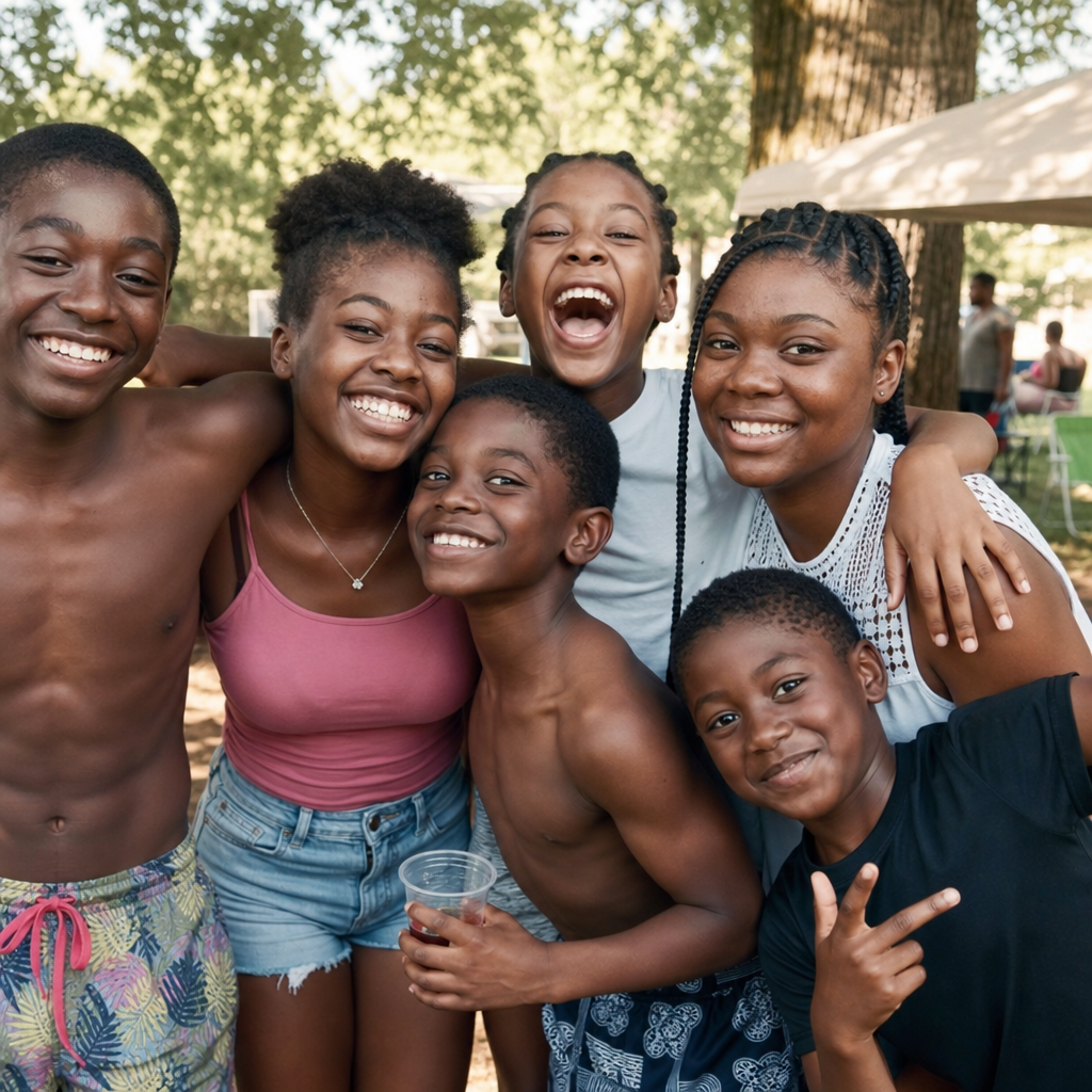 Cousins laughing together at a summer reunion