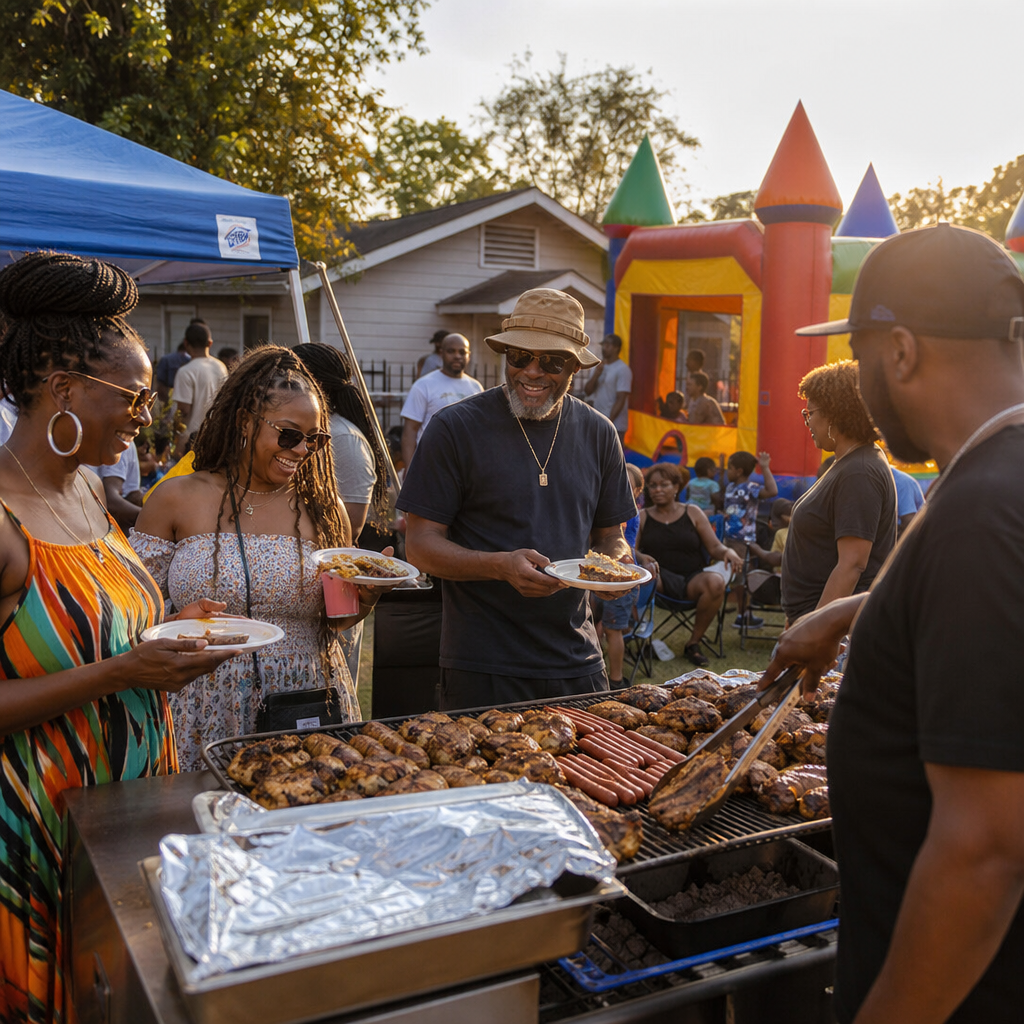 Family cookout with food and laughter